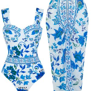 1950s Floral Wide Strap One Piece Swimsuit & Cover-Up