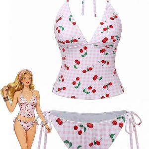 Pink 1950s Gingham Cherry Print Halter Tankini Set