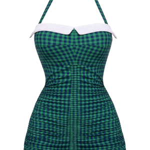 Dark Green 1950s Gingham Halter Bowknot One-piece Swimsuit