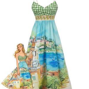 Green 1950s Plaid Scenic Print Spaghetti Strap Maxi Dress