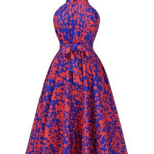 1950s Halter Abstract Print Backless Swing Dress