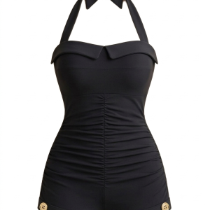 Black 1950s Halter Bowknot One-piece Swimsuit