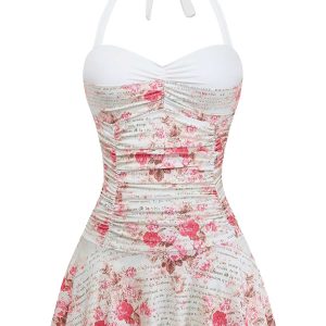 1950s Halter Roses Ruched Tummy Control Swimdress