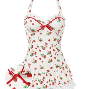 [Pre-Sale] 1950s Halter Strawberry Lace Bow Swimdress