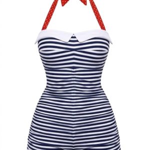 1950s Halter Striped Polka Dot Bowknot One-piece Swimsuit