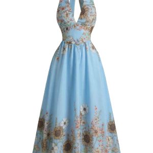 1950s Halter V-Neck Sunflower Fitted Waist Swing Dress