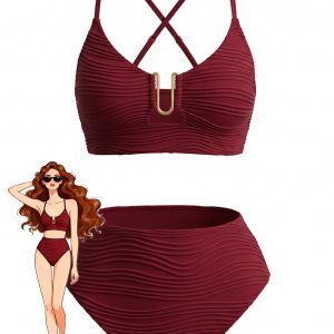 1950s U-Shaped Metal Solid High Waist Tankini Set