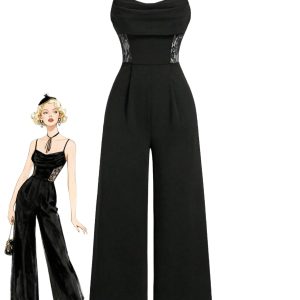 Black 1950s Cowl Neck Sheer Lace Patchwork Solid Jumpsuit