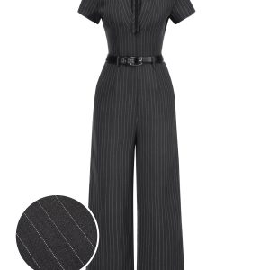 Dark Gray 1950s Striped Office Style Belted Jumpsuit