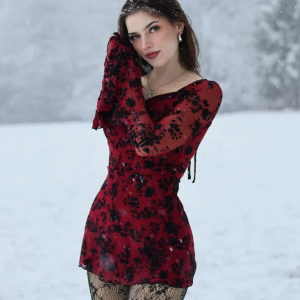 Black 1950s Lace Floral Bishop Sleeves Dress