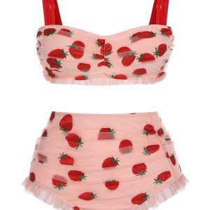 [Plus Size] 1950s Lace Strawberry Cami Tankini Set