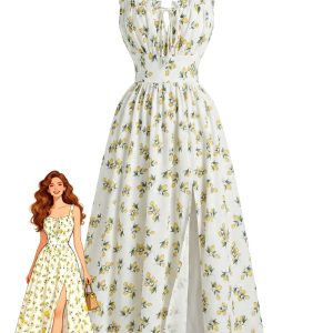 1950s Lemon Print V-Neck Side Slit High Waist Dress