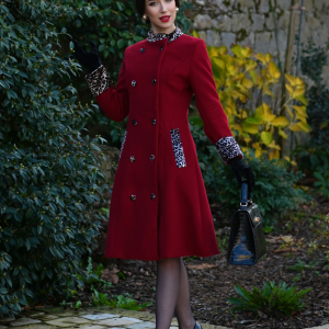 Wine Red 1950s Leopard Patchwork Button Coat