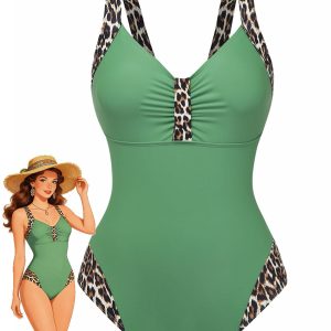 1950s Leopard V-Neck One Piece Swimsuit