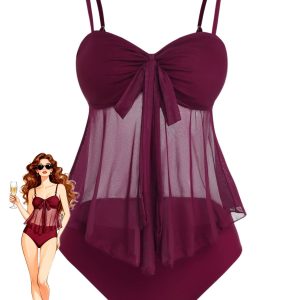 1950s Mesh High Waist Bow Tie Tankini Set