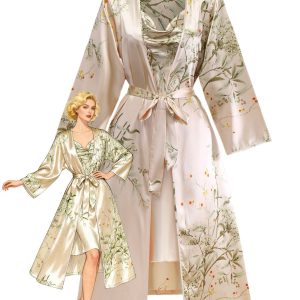 2PCS 1950s Floral Straps Satin Nightgown & Matching Robe