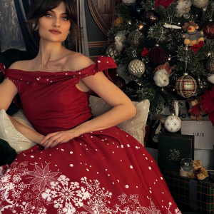 Red 1950s Off-shoulder Snowflake Dress