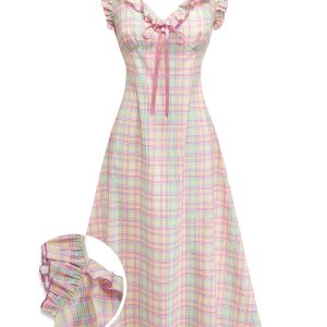 1950s Pastel Plaid Ruffled Bow Sweetheart Neck Swing Dress