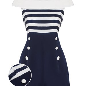 Navy Blue 1950s Patchwork Off-shoulder Striped Romper