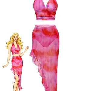 Pink 1950s Gradient Halter Tankini Set & Asymmetric Cover-Up