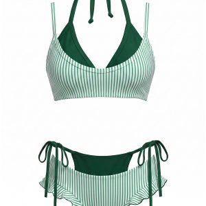 [Pre-Sale] Green 1950s Plaid Bow Halter Double Layer Bikini Set