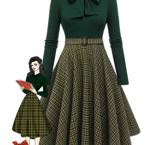Dark Green 1950s Plaid Knitting Dress