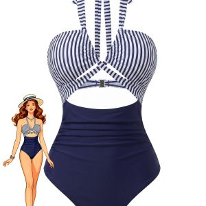 1950s Plunge V-Neck Halter Cutout One-Piece Swimsuit