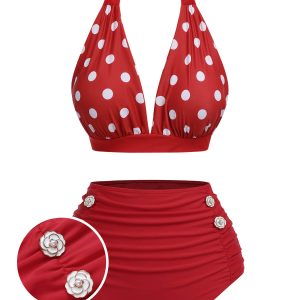 [Pre-Sale] Red 1950s Polka Dot Halter Separate Swimsuit