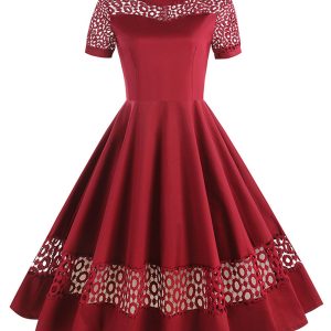 1950s Round Neck Hollow Solid Dress