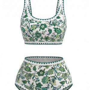 Green 1950s Scoop Neck Floral High-Waist Bikini Set