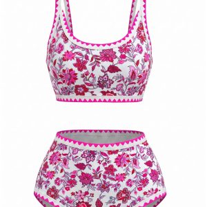 Pink 1950s Scoop Neck Floral High-Waist Bikini Set
