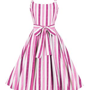 Pink 1950s Shoulder Tie Belted Stripes Dress