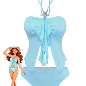 Sky Blue 1950s Halter Ruffle Bow Glitter Tankini Set