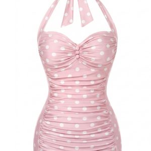 [Pre-Sale] Pink 1950s Polka Dots Gathered Halter Swimsuit