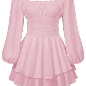 1950s Solid Off-Shoulder Long-Sleeve Smocked Mini Dress
