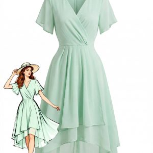 1950s Solid V-Neck Ruffle Sleeve Chiffon Asymmetrical Dress