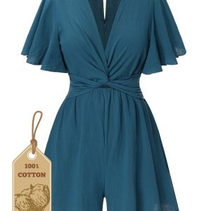 1950s Solid V-Neck Cotton Flounce Sleeve Romper