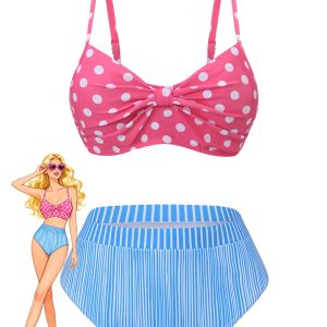 1950s Spaghetti Strap Polka Dot Striped Bow Bikini Set