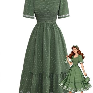 1940s Square Neck Embroidery Jacquard Smocked Dress