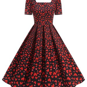 1950s Square Neck Heart Dots Dress