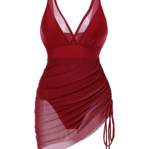 [Pre-Sale] 1950s Strap Sheer Mesh Solid One-Piece Swimsuit