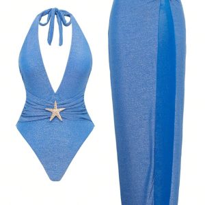 2PCS Lake Blue 1950s Star Lace-Up Halter Swimsuit & Cover-Up