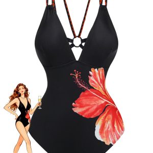 Black 1950s Floral Deep V Double Strap One-Piece Swimsuit