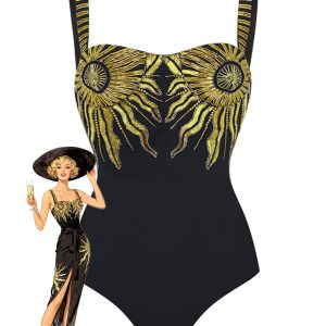 Black 1950s Sequined Sunflower Backless Swimsuit & Cover-Up