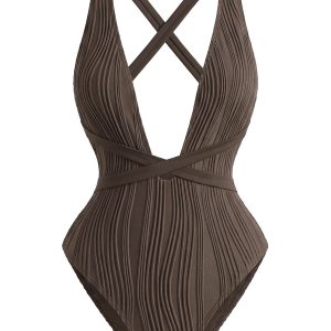Dark Brown 1950s Crisscross Backless One-Piece Swimsuit