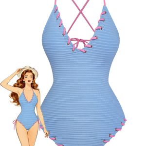 Light Blue 1950s Stripe Lace-Up Ruched One-Piece Swimsuit