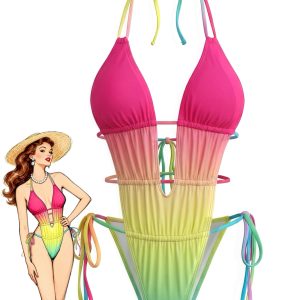 [Pre-Sale] Multicolor 1950s Ruched Gradient Beach One-Piece Swimsuit