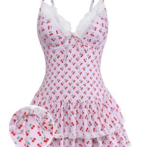 Pink 1940s Cherry Print Lace Trim One-Piece Swimsuit