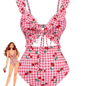 Red 1950s Plaid Cherry Ruffled Sweetheart Neck One-Piece Swimsuit