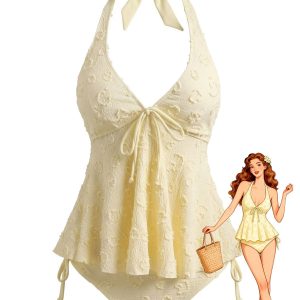 1950s Textured Floral Halter Deep V Tankini Set
